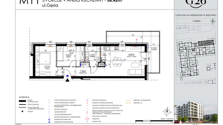 Rzut - Mieszkanie na sprzedaż 3 pokoje o powierzchni 56,42 m² - numer A2/11 w Gęsia 26 - Bud. A2
