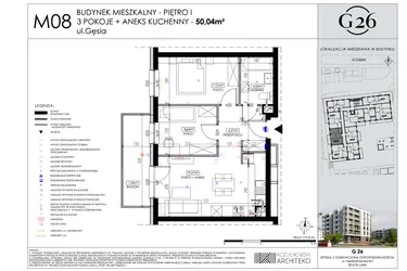 Rzut - Mieszkanie na sprzedaż 3 pokoje o powierzchni 50,04 m² - numer A2/08 w Gęsia 26 - Bud. A2