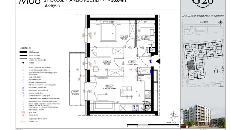Rzut - Mieszkanie na sprzedaż 3 pokoje o powierzchni 50,04 m² - numer A2/08 w Gęsia 26 - Bud. A2