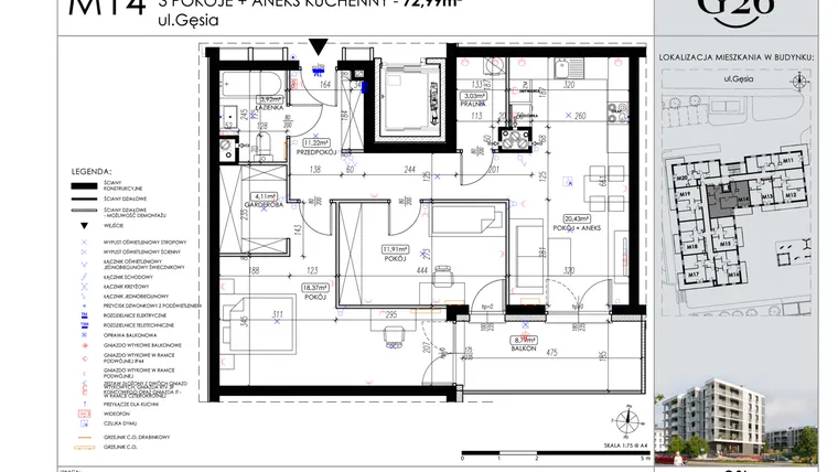 Rzut - Mieszkanie na sprzedaż 3 pokoje o powierzchni 72,99 m² - numer A2/14 w Gęsia 26 - Bud. A2