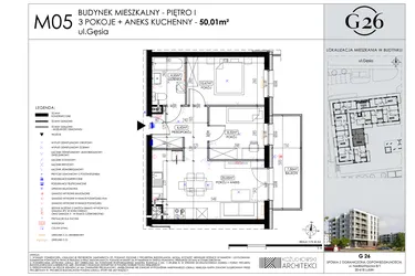 Rzut - Mieszkanie na sprzedaż 3 pokoje o powierzchni 50,01 m² - numer A2/05 w Gęsia 26 - Bud. A2