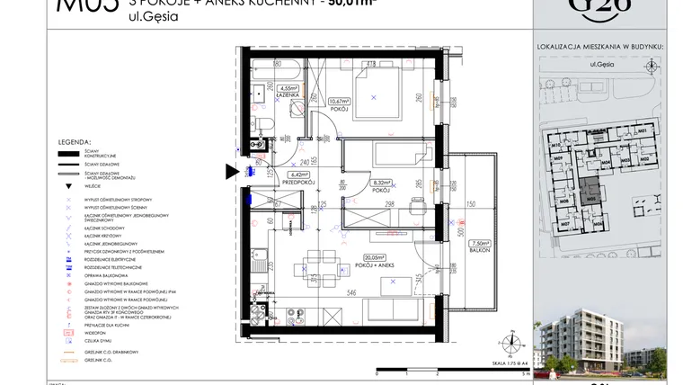 Rzut - Mieszkanie na sprzedaż 3 pokoje o powierzchni 50,01 m² - numer A2/05 w Gęsia 26 - Bud. A2