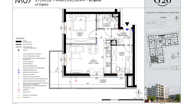 Rzut - Mieszkanie na sprzedaż 3 pokoje o powierzchni 51,87 m² - numer A2/07 w Gęsia 26 - Bud. A2