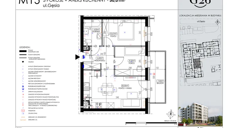 Rzut - Mieszkanie na sprzedaż 3 pokoje o powierzchni 50,01 m² - numer A2/15 w Gęsia 26 - Bud. A2