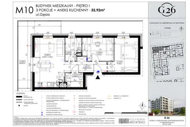 Rzut - Mieszkanie na sprzedaż 3 pokoje o powierzchni 55,91 m² - numer A2/10 w Gęsia 26 - Bud. A2