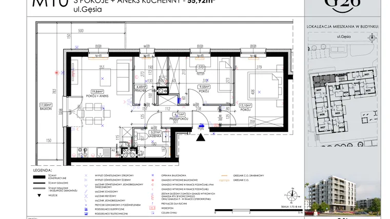 Rzut - Mieszkanie na sprzedaż 3 pokoje o powierzchni 55,91 m² - numer A2/10 w Gęsia 26 - Bud. A2