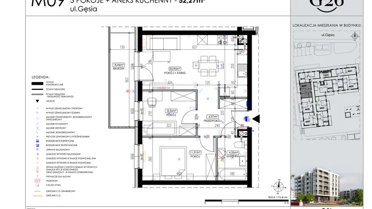 Rzut - Mieszkanie na sprzedaż 3 pokoje o powierzchni 52,27 m² - numer A2/09 w Gęsia 26 - Bud. A2