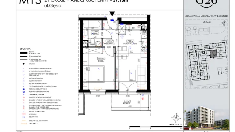 Rzut - Mieszkanie na sprzedaż 2 pokoje o powierzchni 37,15 m² - numer A2/13 w Gęsia 26 - Bud. A2