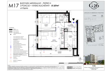 Rzut - Mieszkanie na sprzedaż 3 pokoje o powierzchni 51,87 m² - numer A2/17 w Gęsia 26 - Bud. A2