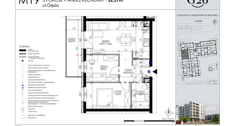Rzut - Mieszkanie na sprzedaż 3 pokoje o powierzchni 52,27 m² - numer A2/19 w Gęsia 26 - Bud. A2