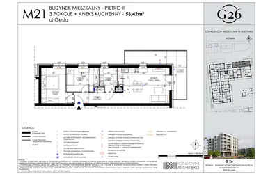 Rzut - Mieszkanie na sprzedaż 3 pokoje o powierzchni 56,42 m² - numer A2/21 w Gęsia 26 - Bud. A2