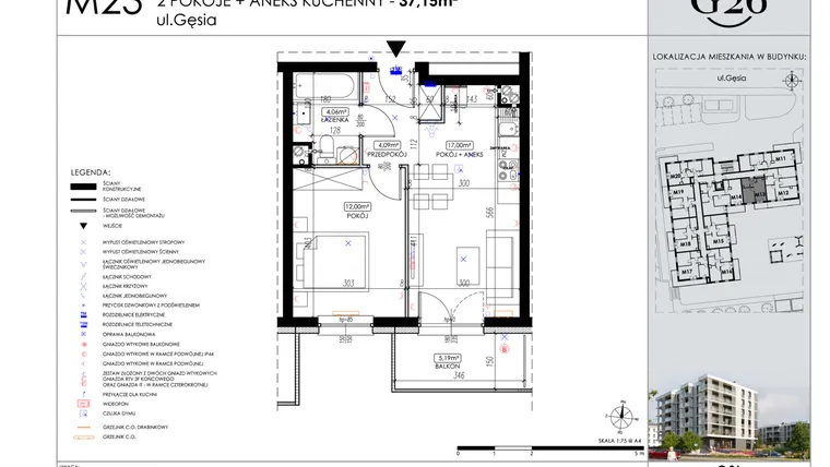 Rzut - Mieszkanie na sprzedaż 2 pokoje o powierzchni 37,15 m² - numer A2/23 w Gęsia 26 - Bud. A2