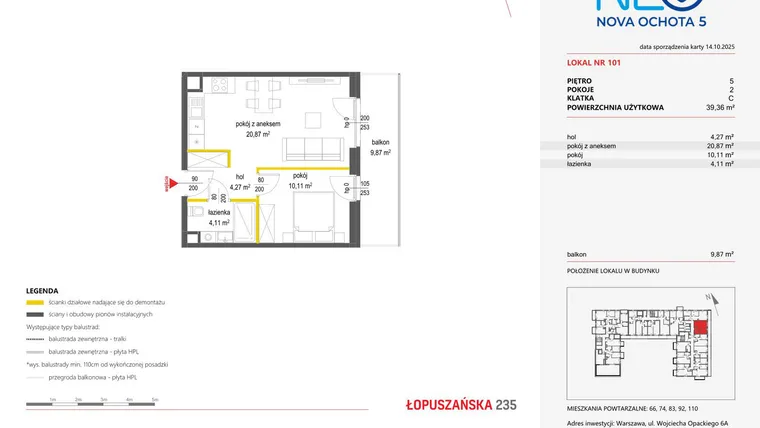 Rzut - Mieszkanie na sprzedaż 2 pokoje o powierzchni 39,36 m² - numer 101 w Neo Nova Ochota 5