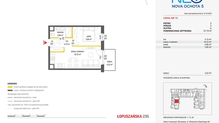 Rzut - Mieszkanie na sprzedaż 2 pokoje o powierzchni 37,15 m² - numer 12 w Neo Nova Ochota 5