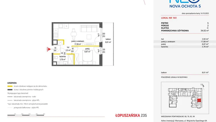 Rzut - Mieszkanie na sprzedaż 2 pokoje o powierzchni 34,02 m² - numer 103 w Neo Nova Ochota 5