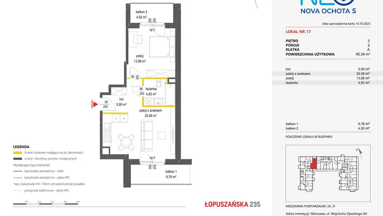 Rzut - Mieszkanie na sprzedaż 2 pokoje o powierzchni 45,34 m² - numer 17 w Neo Nova Ochota 5