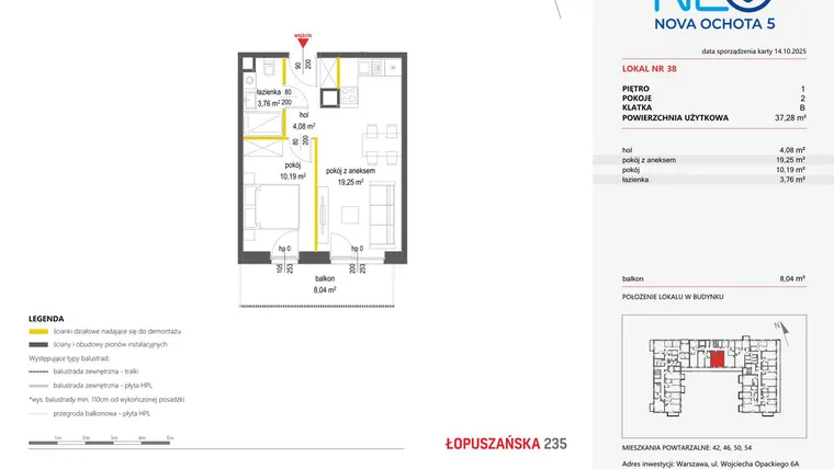 Rzut - Mieszkanie na sprzedaż 2 pokoje o powierzchni 37,28 m² - numer 38 w Neo Nova Ochota 5