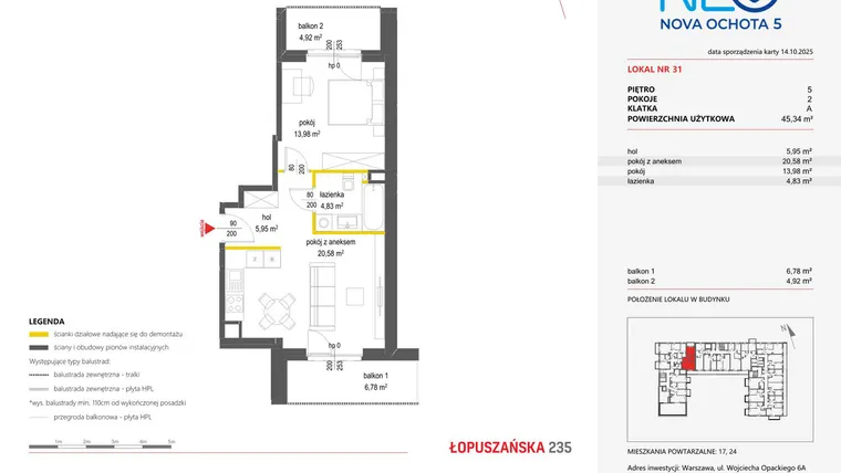 Rzut - Mieszkanie na sprzedaż 2 pokoje o powierzchni 45,34 m² - numer 31 w Neo Nova Ochota 5