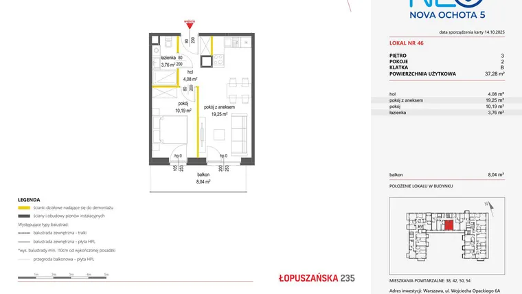 Rzut - Mieszkanie na sprzedaż 2 pokoje o powierzchni 37,28 m² - numer 46 w Neo Nova Ochota 5