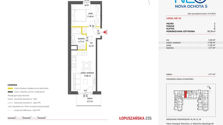 Rzut - Mieszkanie na sprzedaż 2 pokoje o powierzchni 39,39 m² - numer 44 w Neo Nova Ochota 5