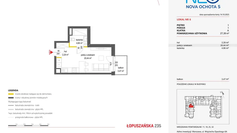 Rzut - Mieszkanie na sprzedaż 1 pokój o powierzchni 27,39 m² - numer 6 w Neo Nova Ochota 5