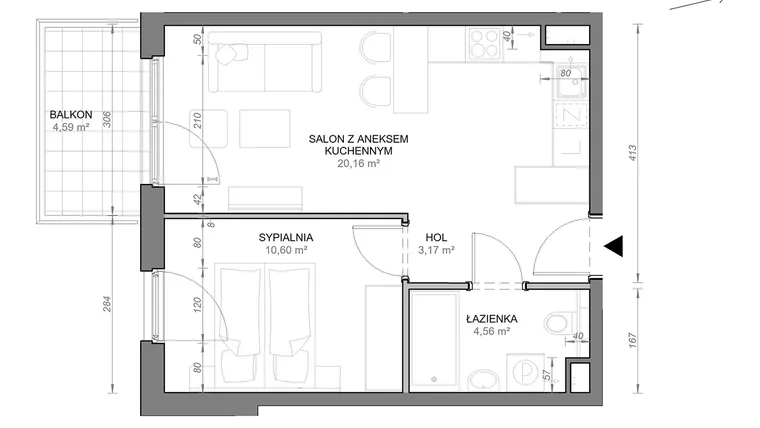 Rzut - Mieszkanie na sprzedaż 2 pokoje o powierzchni 38,49 m² - numer B.1.03 w Zamojska Vita
