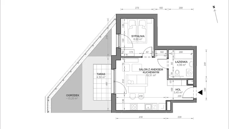 Rzut - Mieszkanie na sprzedaż 2 pokoje o powierzchni 36,44 m² - numer B.0.01 w Zamojska Vita