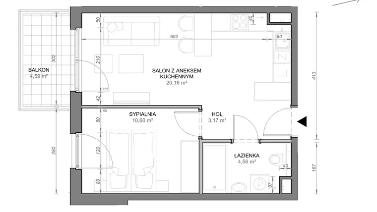 Rzut - Mieszkanie na sprzedaż 2 pokoje o powierzchni 38,49 m² - numer B.2.03 w Zamojska Vita