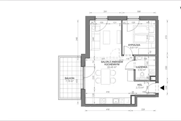 Rzut - Mieszkanie na sprzedaż 2 pokoje o powierzchni 44,74 m² - numer B.1.01 w Zamojska Vita