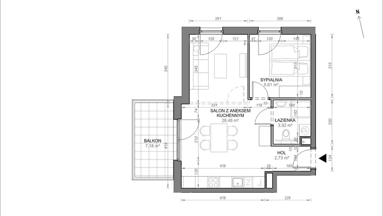 Rzut - Mieszkanie na sprzedaż 2 pokoje o powierzchni 44,74 m² - numer B.1.01 w Zamojska Vita