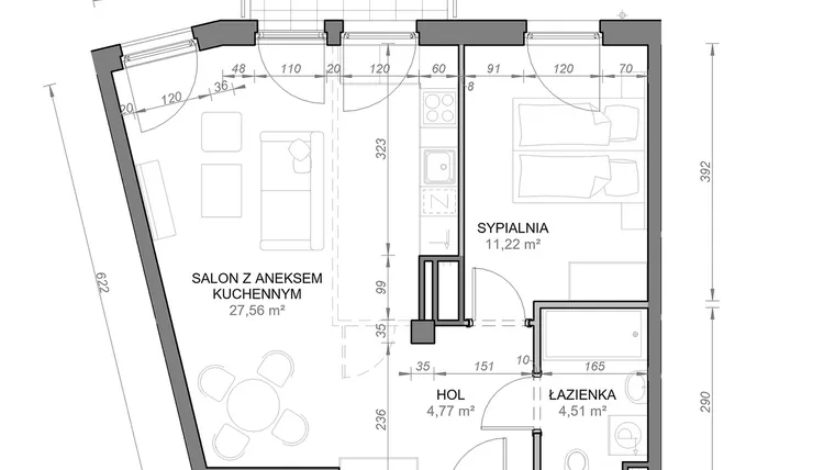 Rzut - Mieszkanie na sprzedaż 2 pokoje o powierzchni 48,08 m² - numer C.0.03 w Zamojska Vita