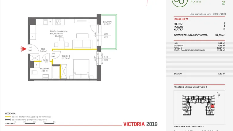Rzut - Mieszkanie na sprzedaż 2 pokoje o powierzchni 39,56 m² - numer 71 w Olchowy Park II