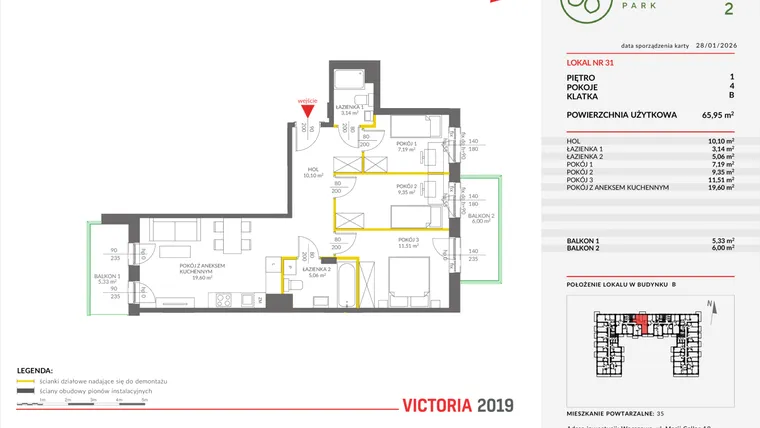 Rzut - Mieszkanie na sprzedaż 4 pokoje o powierzchni 65,92 m² - numer 31 w Olchowy Park II