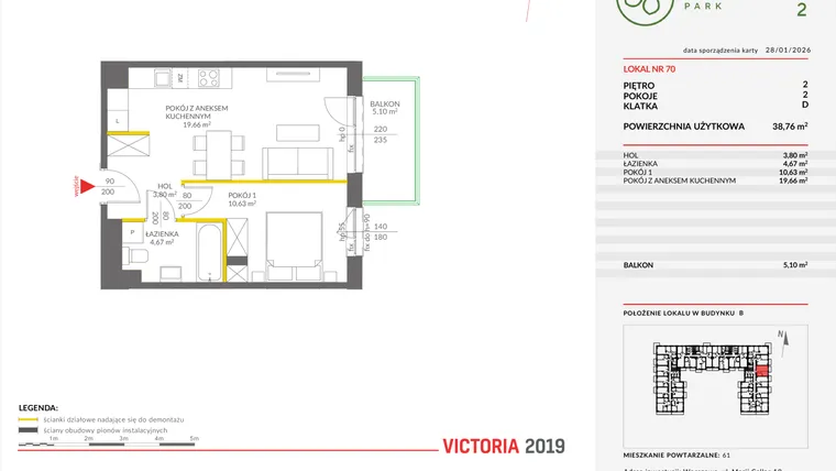 Rzut - Mieszkanie na sprzedaż 2 pokoje o powierzchni 38,85 m² - numer 70 w Olchowy Park II