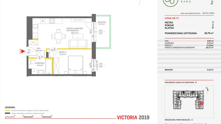 Rzut - Mieszkanie na sprzedaż 2 pokoje o powierzchni 38,78 m² - numer 72 w Olchowy Park II