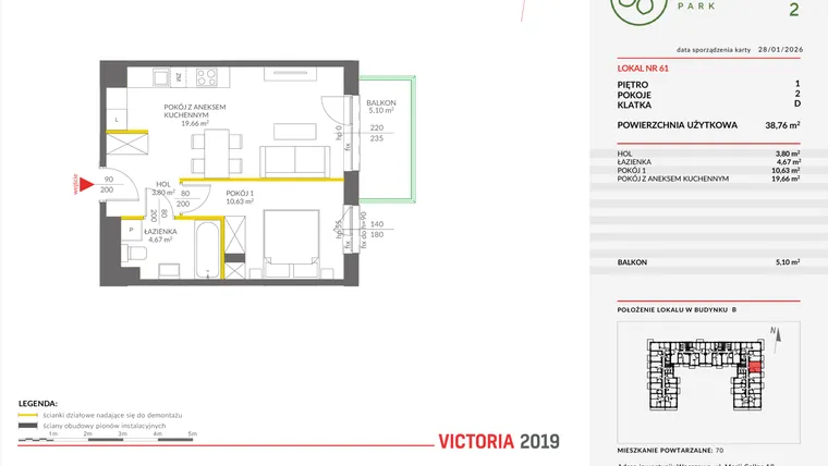Rzut - Mieszkanie na sprzedaż 2 pokoje o powierzchni 38,78 m² - numer 61 w Olchowy Park II