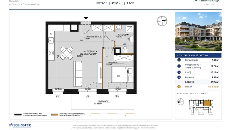 Rzut - Mieszkanie na sprzedaż 2 pokoje o powierzchni 47,96 m² - numer M3 w Nowakowskiego Park