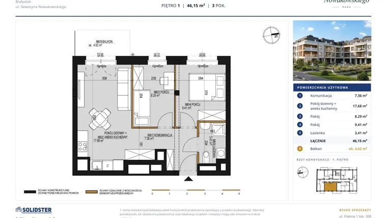 Rzut - Mieszkanie na sprzedaż 3 pokoje o powierzchni 46,15 m² - numer M6 w Nowakowskiego Park