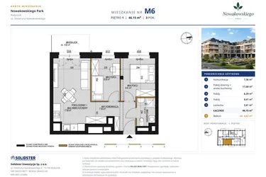 Rzut - Mieszkanie na sprzedaż 3 pokoje o powierzchni 46,15 m² - numer M6 w Nowakowskiego Park