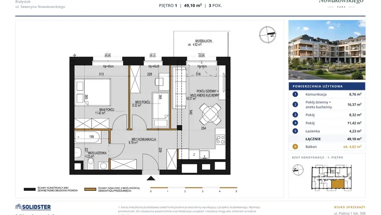 Rzut - Mieszkanie na sprzedaż 3 pokoje o powierzchni 49,1 m² - numer M5 w Nowakowskiego Park