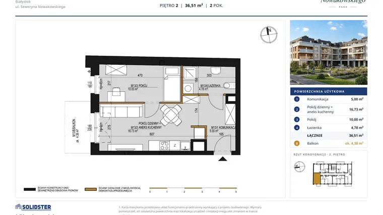 Rzut - Mieszkanie na sprzedaż 2 pokoje o powierzchni 36,51 m² - numer M13 w Nowakowskiego Park