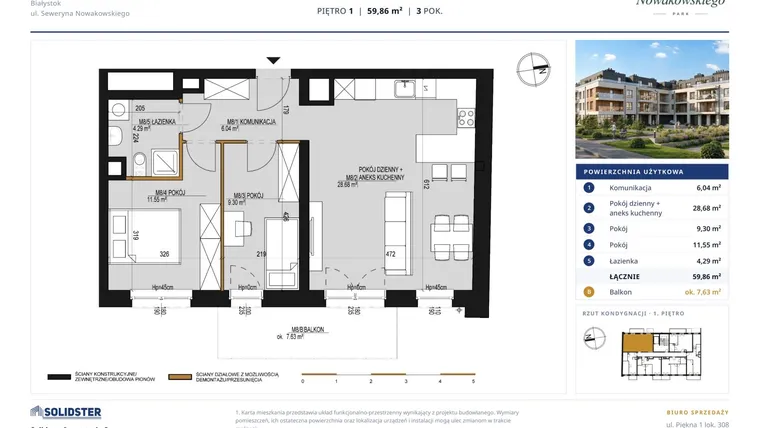 Rzut - Mieszkanie na sprzedaż 3 pokoje o powierzchni 59,86 m² - numer M8 w Nowakowskiego Park