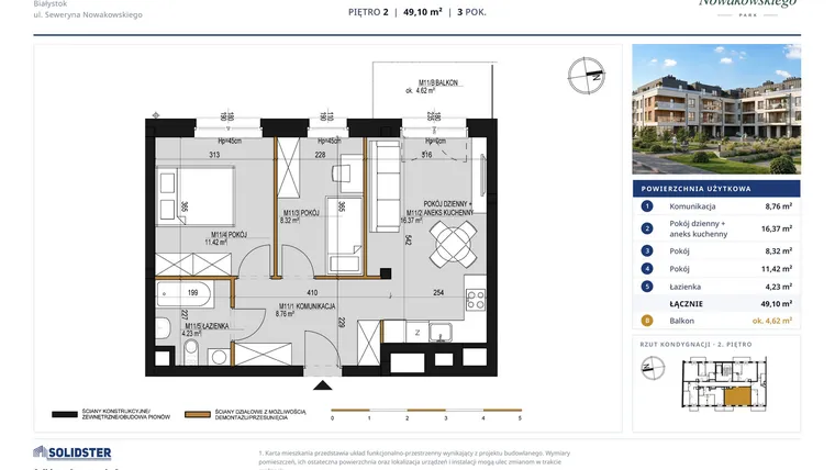 Rzut - Mieszkanie na sprzedaż 3 pokoje o powierzchni 49,1 m² - numer M11 w Nowakowskiego Park