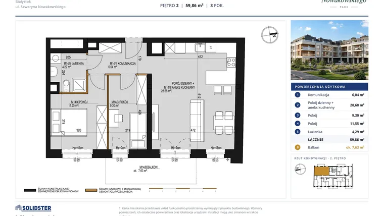 Rzut - Mieszkanie na sprzedaż 3 pokoje o powierzchni 59,86 m² - numer M14 w Nowakowskiego Park