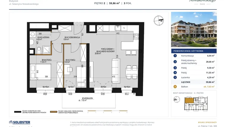 Rzut - Mieszkanie na sprzedaż 3 pokoje o powierzchni 59,86 m² - numer M14 w Nowakowskiego Park