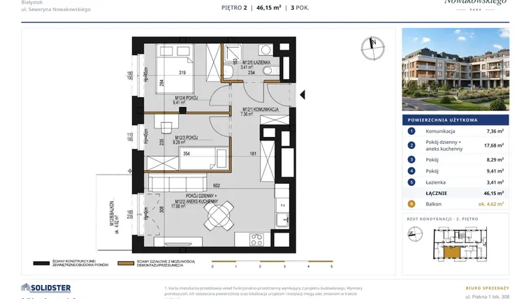 Rzut - Mieszkanie na sprzedaż 3 pokoje o powierzchni 46,15 m² - numer M12 w Nowakowskiego Park