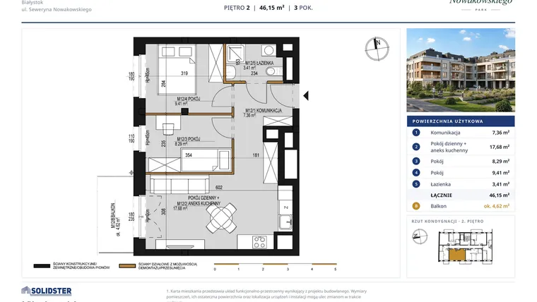 Rzut - Mieszkanie na sprzedaż 3 pokoje o powierzchni 46,15 m² - numer M12 w Nowakowskiego Park