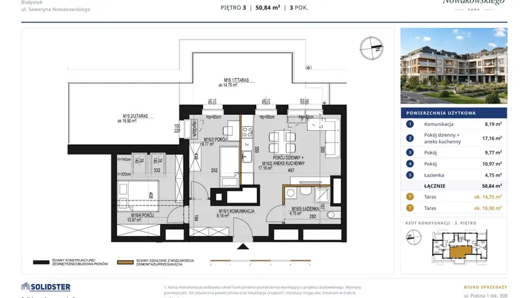 Rzut - Mieszkanie na sprzedaż 3 pokoje o powierzchni 50,84 m² - numer M16 w Nowakowskiego Park