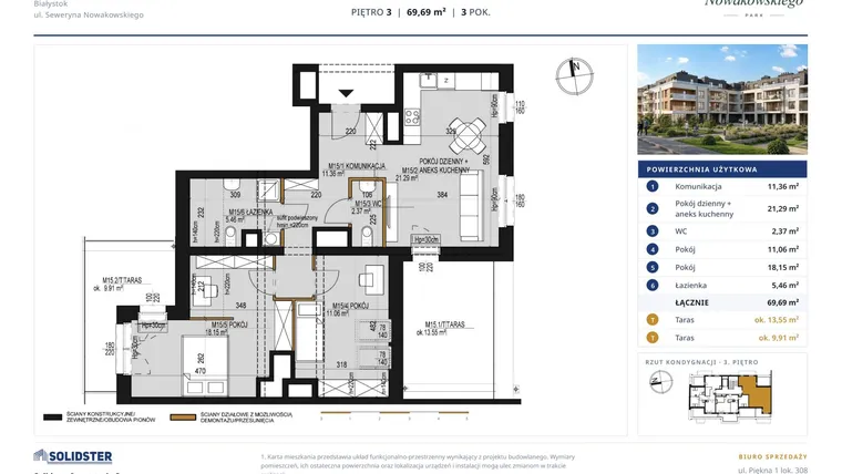 Rzut - Mieszkanie na sprzedaż 3 pokoje o powierzchni 69,69 m² - numer M15 w Nowakowskiego Park