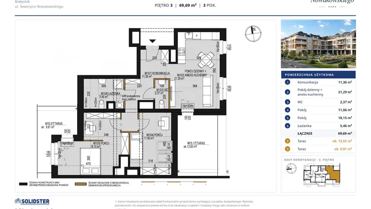 Rzut - Mieszkanie na sprzedaż 3 pokoje o powierzchni 69,69 m² - numer M15 w Nowakowskiego Park